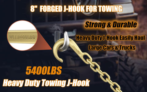Two Pack 8 Inch Beefy Heavy Duty Tow J Hooks Set Grade 70 Forged Steel Yellow Zinc Plated Clevis J Hooks For Transport Chains 5400 Lbs Capacity Heavy Load Reliable Towing Hooks, showing J-hook attached to chain for towing