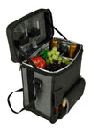 Super Chill Personalized Monogrammed Wine And Cheese Picnic Basket Cooler with wine bottles, glasses, and grapes inside.