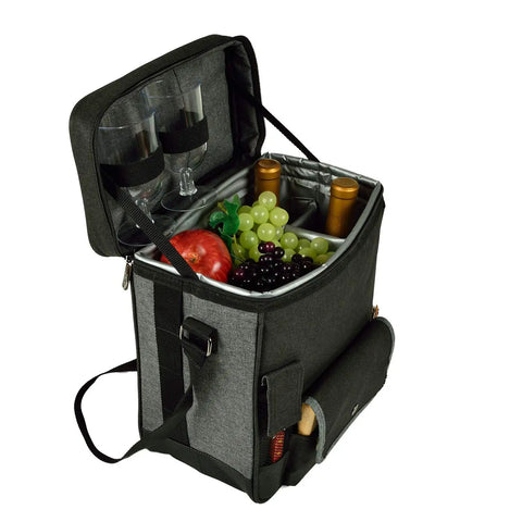 Super Chill Personalized Monogrammed Wine And Cheese Picnic Basket Cooler with wine bottles, glasses, and grapes inside.