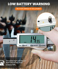 8 Inch Digital Caliper With Rechargeable USB Type C Power displaying 14.95 mm on large LCD, close-up view highlighting low battery warning.