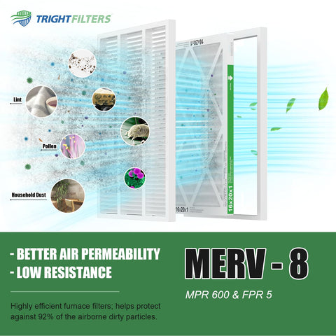 16x20x1 MERV 8 Pleated Air Filter 4 Pack For HVAC AC And Furnace Durable White Cardboard Frame with dust and pollen depiction
