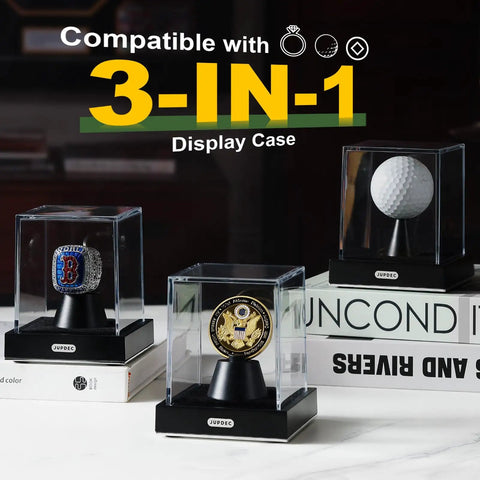 Clear Acrylic Golf Ball Display Case With Secure Locking System holding diverse items