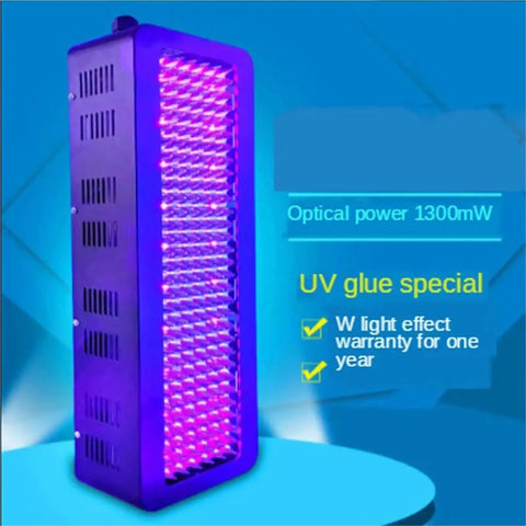 Pro 365Nm 395Nm 405Nm UV Curing Lamp For Rapid 3D Resin Exposure And Snappy Glue Drying mounted vertically with purple lights.