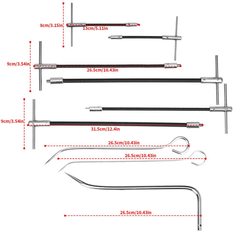 23 Piece Stainless Steel Packing Extractor Set With Flexible Shaft, Removable Tips, Corkscrew Type Wrench, Heavy Duty Packing Removal Kit shown with measurements.