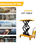 Front view: APOLLOLIFT hydraulic lift table cart, yellow scissor lift with four wheels and safety back guard