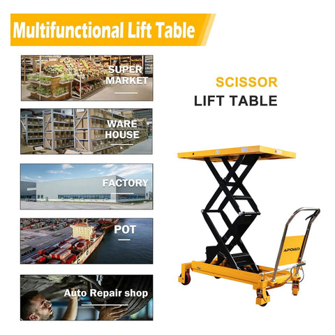 Front view: APOLLOLIFT hydraulic lift table cart, yellow scissor lift with four wheels and safety back guard