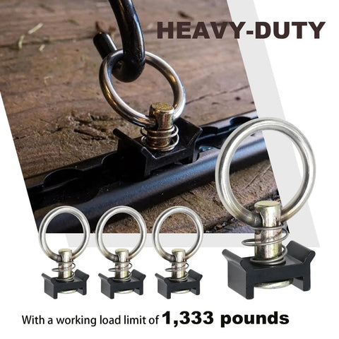 12 Pack L Track Tie Down O Rings Kit 1.5 Inch Stainless Ring 4000 Lbs Capacity L Type Track Fittings in use on wood surface