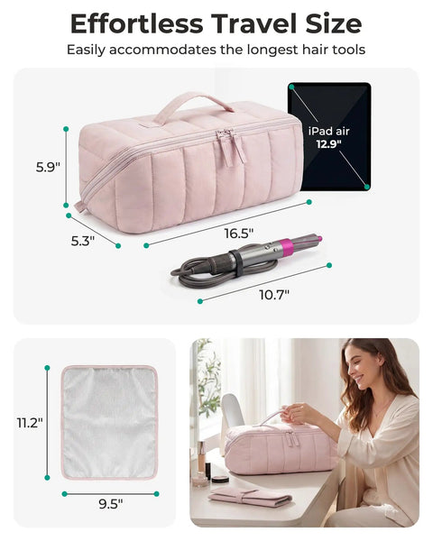 Hair Tool Organizer Travel Case For Dyson Airwrap And Shark FlexStyle, khaki, shown with dimensions and heat resistant mat