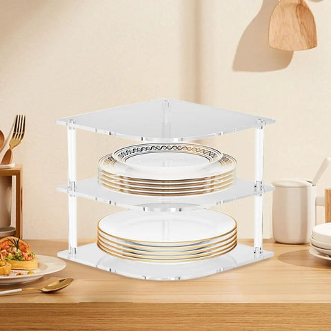 Acrylic Corner Shelf Cabinet 3 Tier Plate Rack Storage Organizer for cups, dishes, and water glasses on a kitchen countertop.