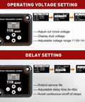 Heavy Duty Dual Battery Isolator Kit with LED display showing operating voltage settings and delay settings for automatic/manual control.