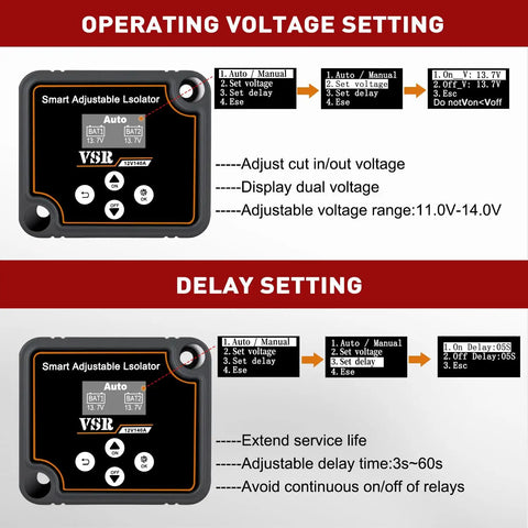 Heavy Duty Dual Battery Isolator Kit with LED display showing operating voltage settings and delay settings for automatic/manual control.