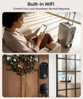 Smart Front Door Lock Set With Built In Wifi Bluetooth Deadbolt Featuring Rapid Print Fingerprint Scanner App And Voice Control on door with WiFi sign.
