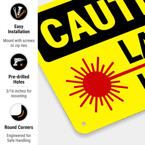 Laser In Use Sign Caution Sign 10x7 Inches Rust Free Aluminum Fade Resistant Indoor Outdoor Safety Sign For Shops And Factories And Industrial Spaces Made In USA, close-up of yellow sign with pre-drilled holes and laser symbol