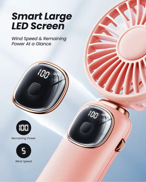 3 In 1 Portable Personal Fan With 4000mAh Battery And LED Display showing speed and power details in close-up