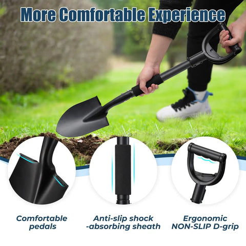 Compact 31 Inch Garden Shovel With D Grip Handle For Tight Spaces And Raised Beds Rust Proof Lightweight Metal Tool in use by person