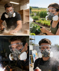 Four images of Pro Grade Reusable Half Face Respirator Kit With Anti Fog Safety Glasses And Filters For Dust Paint And Sanding in use.