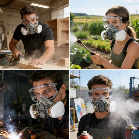 Four images of Pro Grade Reusable Half Face Respirator Kit With Anti Fog Safety Glasses And Filters For Dust Paint And Sanding in use.