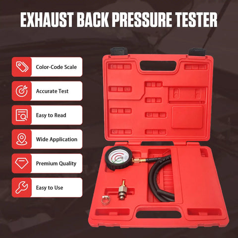 Back Pressure Exhaust Tester Gauge For Cars With A Six Foot Hose Pro Grade Catalytic Converter Diagnostic Tool To Diagnose Exhaust System Backpressure And Catback Performance Easy Idle Testing And Troubleshooting in red case