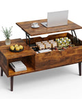 Lift Top Coffee Table With Hidden Storage For Living Room Adjustable Height Up To 6.3 Inches With Sturdy Steel Hinge Small Brown Wooden Center Table With Storage Shelf And Hidden Compartment Perfect For Laptop Work Dining And Chill Lounges showing open storage