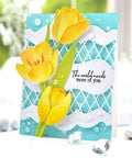 Greeting card with yellow flowers and lace-like design, showcasing Dope Flower Die Cut Set For Card Making And Scrapbooking Metal Cutting Dies
