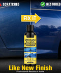 Hassle Free Auto Scratch Remover And Polish Kit bottle with scratched and restored car paint, showcasing ease of use for car repair.