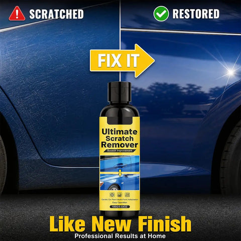 Hassle Free Auto Scratch Remover And Polish Kit bottle with scratched and restored car paint, showcasing ease of use for car repair.