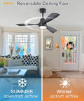 52 Inch No Light Ceiling Fan With Remote Control, 3 Wood Blades, Reversible DC Motor, showing summer and winter airflow directions