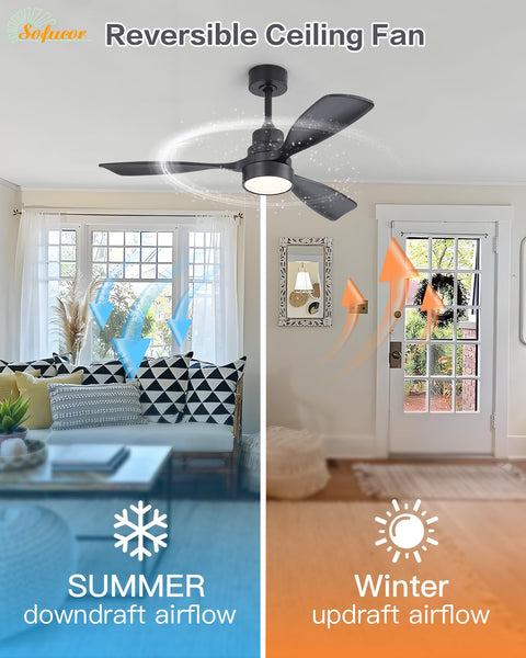 52 Inch No Light Ceiling Fan With Remote Control, 3 Wood Blades, Reversible DC Motor, showing summer and winter airflow directions