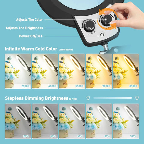 Soldering Station With 10X Lighted Magnifying Glass On Stand Non Slip Repair Mat And LED Dimmer Lamp brightness controls.