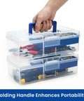 Two Pack Small Plastic Tool Box With Handle 2 Layer Clear Organizer With Removable Divider being carried by hand