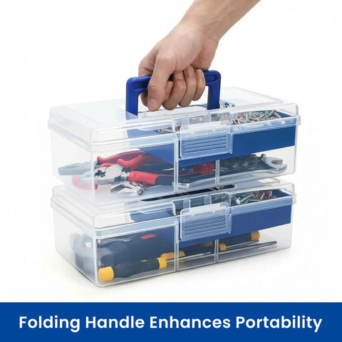 Two Pack Small Plastic Tool Box With Handle 2 Layer Clear Organizer With Removable Divider being carried by hand