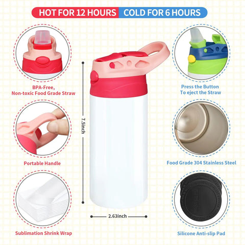 Six Pack 12 Oz Sublimation Tumbler Blanks For DIY Heat Press Crafting showing straw, handle, stainless steel, and shrink wrap.