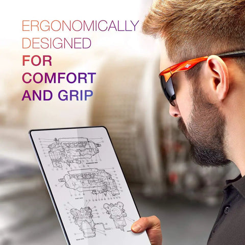 Person wearing Rebel Bifocal Safety Glasses 2.5 Diopter Clear Lenses ANSI Z87 Plus Impact UV Protection reading a tablet.