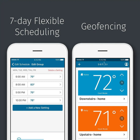Sensi WiFi Smart Thermostat Pro Version For Smart Home That Plays Nice With Alexa Energy Star Certified Geofencing 7 Day Scheduling Remote Access And Quick Easy Install In 30 Minutes mobile app showing scheduling and geofencing features.