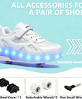 Upgrade Your Rides With Fresh Replacement Wheels For 2 In 1 Roller Skates Featuring Sick ABEC 5 Bearings This Complete Repair Kit Comes With Cover Plates And Tool Perfect For Kids Who Want A Smooth Roll Indoors Or Outside. White sneaker with detachable wheels and accessories, including wheel covers and wrench.
