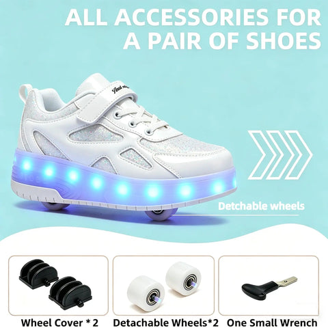 Upgrade Your Rides With Fresh Replacement Wheels For 2 In 1 Roller Skates Featuring Sick ABEC 5 Bearings This Complete Repair Kit Comes With Cover Plates And Tool Perfect For Kids Who Want A Smooth Roll Indoors Or Outside. White sneaker with detachable wheels and accessories, including wheel covers and wrench.