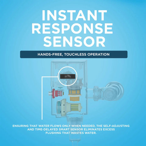 Top Shelf Water Powered Touchless Toilet Flush Valve With Sleek Polished Chrome Hardware and Smart Auto Flush Controls, showing instant response sensor.