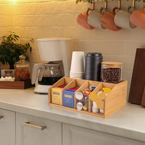 Bamboo Coffee Station Organizer With Clear Acrylic Tray Five Compartment Design For Tea Bags Condiments Pods Creamer Syrup And Cups