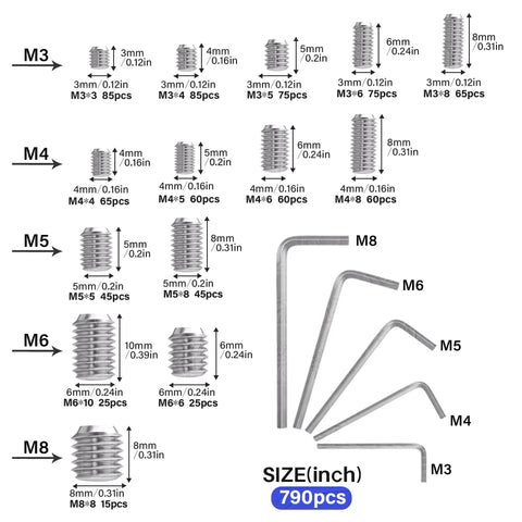 Image showing the screws and hex wrenches from the Massive 1305 Piece Metric And SAE Set Screw Kit with M3 to M8 sizes, 304 stainless steel.