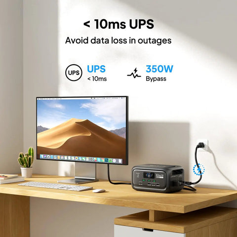 Elite 10 Mini Portable Power Station 128Wh LiFePO4 Battery with 200W AC Outlet on desk powering a computer