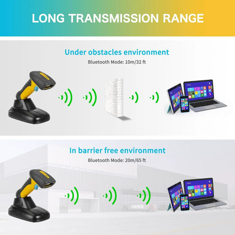 Upgraded 2D And 1D Bluetooth Barcode Scanner With Charging Dock Wireless 2.4G And BLE 2600mAh Battery transmitting to devices