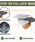 Heavy Duty 1.5 Inch Dual Wheel Casters Set Of 4 Featuring Two Wheel Brakes and Top Shelf Chrome Finish showing step-on full-lock brake mechanism.