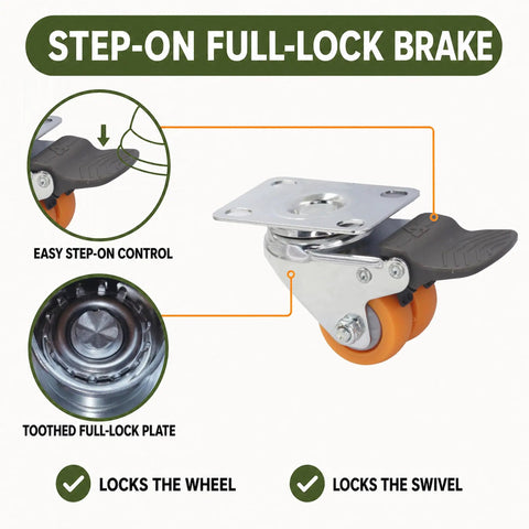 Heavy Duty 1.5 Inch Dual Wheel Casters Set Of 4 Featuring Two Wheel Brakes and Top Shelf Chrome Finish showing step-on full-lock brake mechanism.