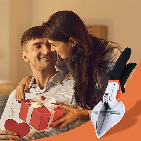 LeafLux miter shears for wood trim with black handles and silver blade; adjustable 45°-135° angle handheld tool
