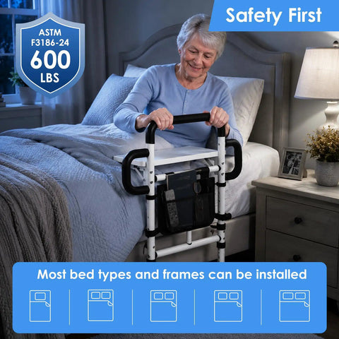 Senior using heavy duty bed rail for elderly safety with dual handles, adjustable to 600 lbs, non slip waterproof foam grip.