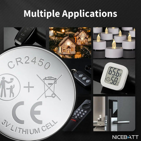 Bulletproof Cr2450 3V Lithium Coin Cell Batteries 6 Pack for multiple devices like remotes and smoke alarms.