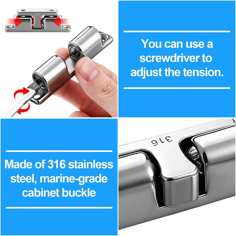 Close-up view of Two Pack Marine Grade 316 Stainless Steel Cabinet Tension Catch 70mm Double Ball Roller Latch.