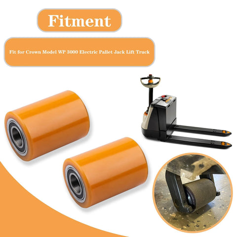 Premium Load Wheel Kit For WP 3000 Electric Pallet Jack Lift shown with wheels and pallet jack