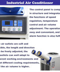 Heavy Duty Shop Cooler Rig With Smart Controls And Massive Fourteen Liter Tank Drops Killer Chill For Busy Warehouse And Garage Zones At 18700 Btu Just Plug Straight Into Any 110V Wall Socket control panel with fan speed and temperature controls.