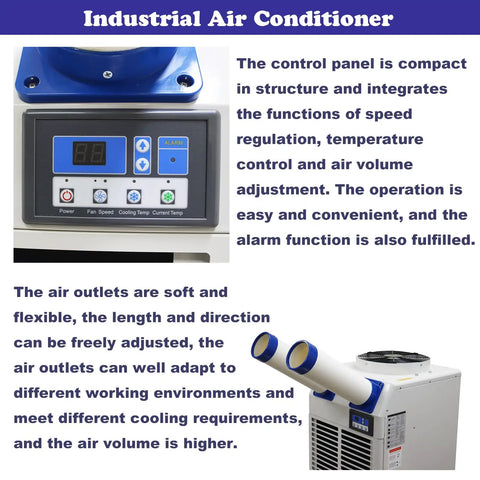 Heavy Duty Shop Cooler Rig With Smart Controls And Massive Fourteen Liter Tank Drops Killer Chill For Busy Warehouse And Garage Zones At 18700 Btu Just Plug Straight Into Any 110V Wall Socket control panel with fan speed and temperature controls.